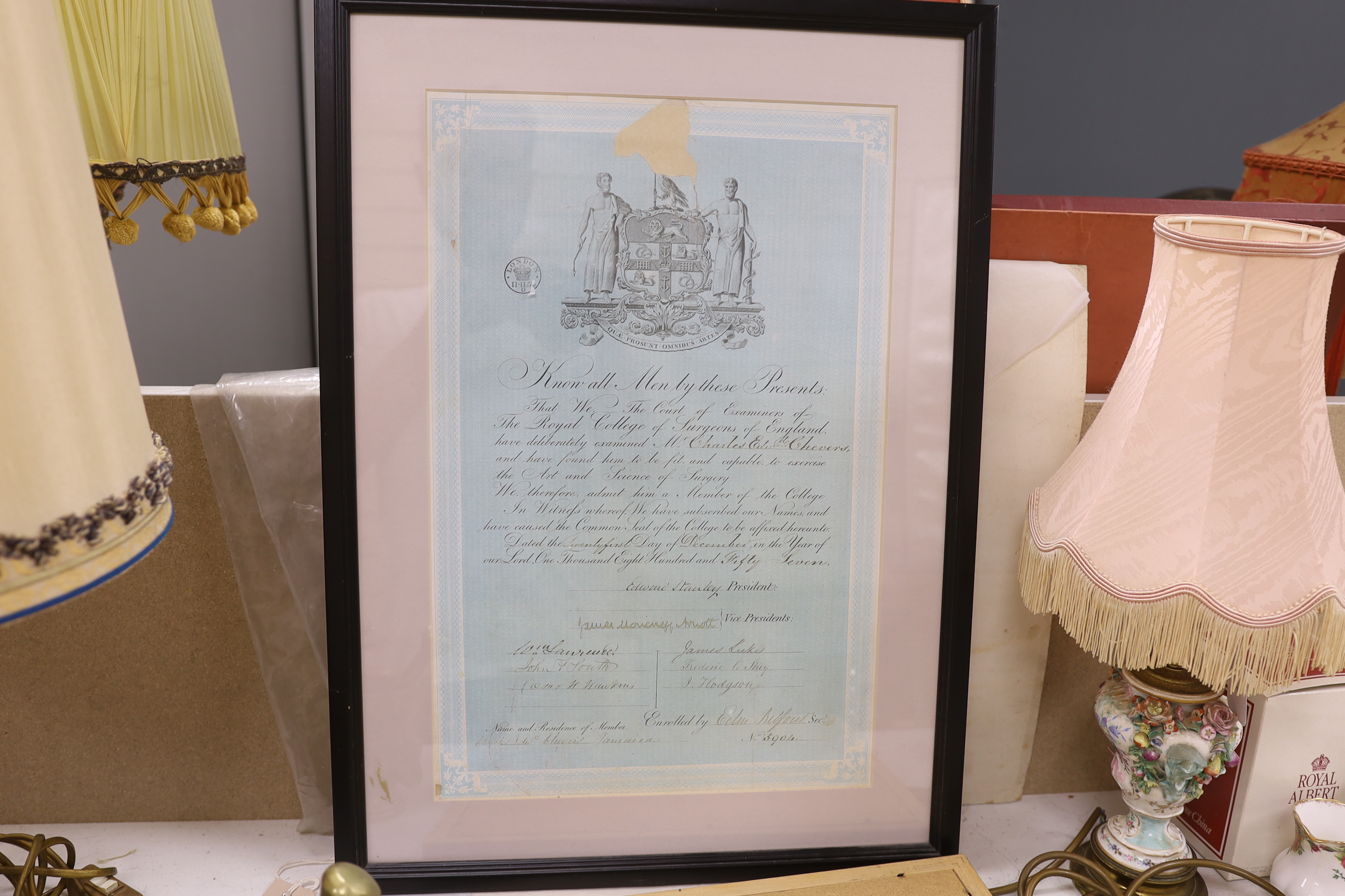 A collection of 19th century ink inscribed doctor's certificates including Charing Cross Hospital, three framed